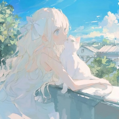 和猫咪坐在屋顶上的治愈系小清新唯美手绘女生头像