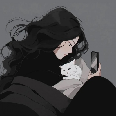 躺床上抱猫玩手机的动漫卡通女生头像分享